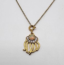 Ethiopian Opal, White Zircon Jellyfish Pendant Necklace In Yellow Gold Over Sterling