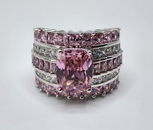 Premium Pink & White CZ, Rhodium Over Sterling Ring