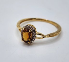 Premium Golden Tourmaline, White Zircon Ring In Yellow Gold Over Sterling