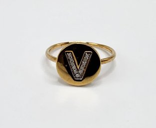 Diamond Letter V Ring In Yellow Gold Over Sterling