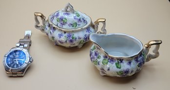 Lefton Violet Chintz Flower Lusterware Small Creamer And Sugar Caddy.           -  -           -      Loc:BHS1