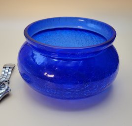 Cobalt Blue Crackled Glass Bowl. -          -              -             -         -          - Loc:BHS7