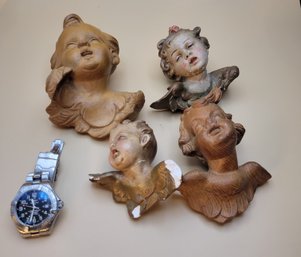 Carved Angel Cherub Heads. 2 Vintage And 2 Antique. - -                     - - - - - - -    -   Loc:KD1 Bag