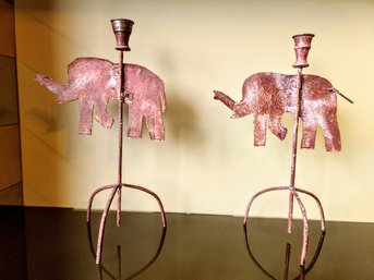 Pair Of Rust Colored Metal Elephant Candleholders