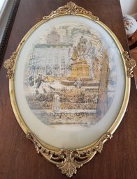 Lovely Concave Glass Vintage Frame With Watercolor Etching Of Monument Of George Washington At Union Square