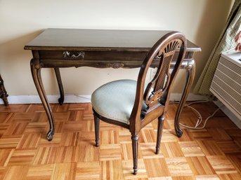 Antique Mahogany Desk With Cabriole Legs And Carved Rose Design With Matching Upholstered Chair