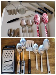 Lot Of Kitchen Utensils And Serving Spoons Including Faberware And Lucite And Enamel