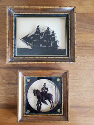 Vintage Framed Silhouette Glass Of Ship And Man On Horse