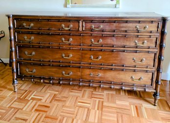 Mid Century Faux Bamboo Bureau/commode/Dresser - Walnut Veneer And Original Brass Hinges