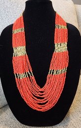 Burnt Orange And Gold Multi-strand Beaded Necklace- Boho Style