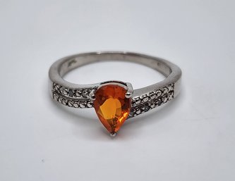 Orange CZ & Diamond Ring In Sterling
