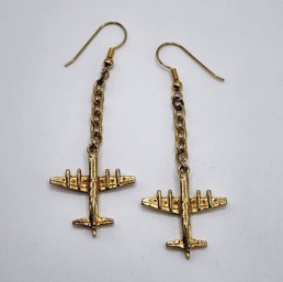 Awesome Vintage Airplane Earrings In Gold Tone