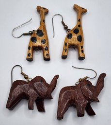 2 Pair Of Vintage Wooden Animal Earrings