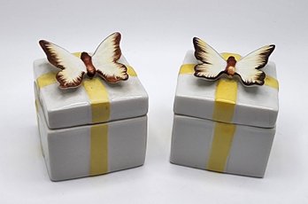 Pair Of Incredible Vintage Porcelain Butterfly Trinket Boxes