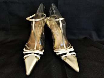 Women's CHRISTIAN LACROIX  White/gold/black Leather Slingback Heels Made In Italy Sz 10.5