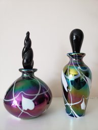 Iridescent Pair Of Art Glass Perfume Bottles