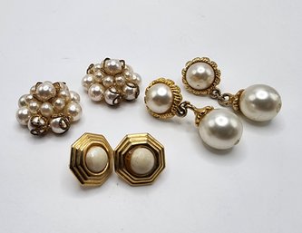 Vintage Pearl & Faux Pearl Earrings In Gold Tone