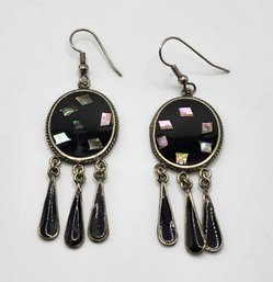 Vintage Black Onyx, Abalone Shell, Alpaca Mexico Dangle Earrings