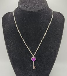 Vintage Purple Heart Key Pendant Necklace In Silvertone