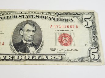 1963 Red Seal $5 Dollar Bill (60 Years Old) U S Note