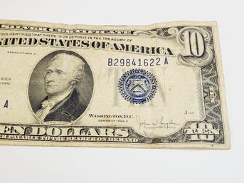 1934- C  $10 Dollar BLUE SEAL Silver Certificate  Bill (89 Years Old)