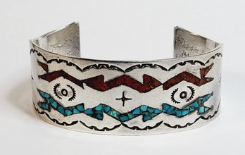 Aztek /Mayan/ Native American Southwest Vintage Thick Cuff Silver Tone Bracelet