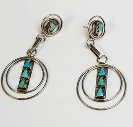 Silver Tone Turquoise Inlay Hanging Earrings