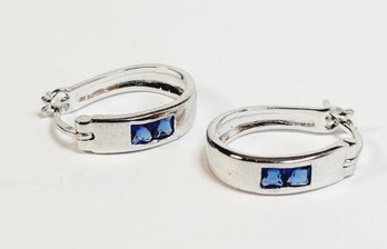 Sterling Silver Modern Blue Stone Inlay Hoop Earrings