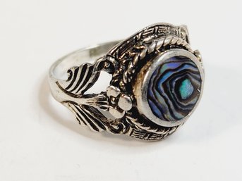 Vintage Sterling Silver  Iridescent Stone Abalone & Marcasite Ring