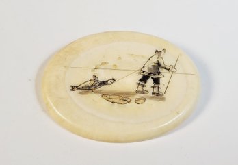 Vintage Scrimshaw Etched Eskimo Drawing On Pin Brooch