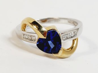 WOW .......14k White And Yellow Gold Unique Diamond And Blue Stone Ring