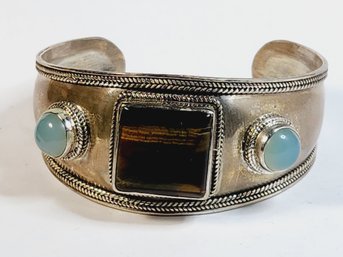 Tigers Eye And Moon Stone Sterling Silver Thick Cuff Bracelet