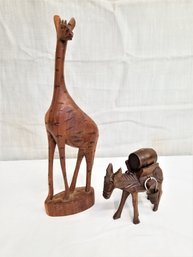 Vintage Hand Carved Wooden Donkey Pack Mule And Wooden Giraffe Figurine