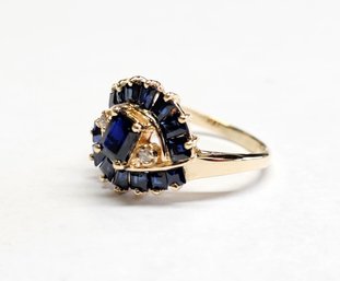 Ladies 14K Yellow Gold Sapphire Cocktail Ring With Diamonds