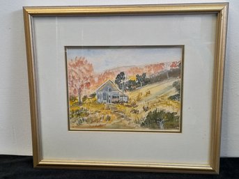 Signed Water Color Of A Farm House Landscape View