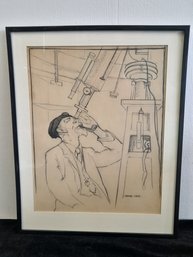 Arthur Covey Charcoal/pencil Drawing Of A Man Looking Through A Telescope