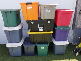 Twelve Storage Bins With Lids Assorted Sizes