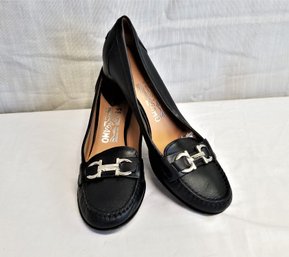 Women's Salvatore Ferragamo Slip On Black Leather Heels Made In Italy Size 7.5