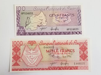 1976 Bank Of Rwanda Africa 100 & 1000 Franc Banknotes - Uncirculated