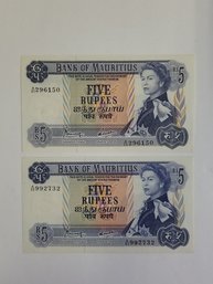 1967 Mauritius 5 Rupees Queen Elizabeth II Banknotes - Uncirculated