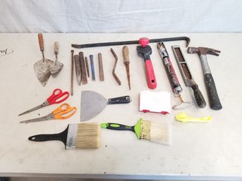 Small Hand Tools Lot: Hammer, Paint Brushes, Drywall Tools, Chisels & More