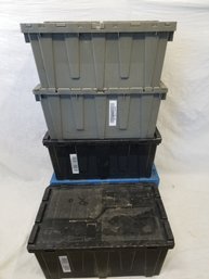 Five Black & Blue Stackable Storage Bins With Attached Interlocking Tops