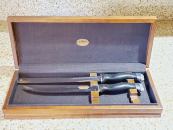 Two Piece CUTCO Carving Set - Partial - In Wood Storage Box - Missing Fork