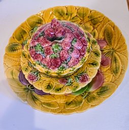Two Sarreguemines, Majolica Vintage Lidded Strawberry Jam Pot #5100, Plus 10' Platter