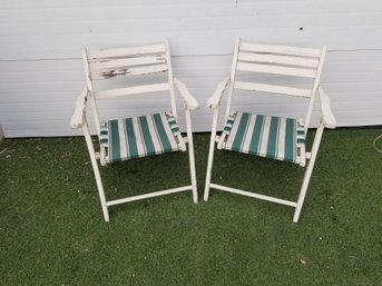 Vintage 1950s Garden Folding Chairs Green & White Cloth Fabric Seats