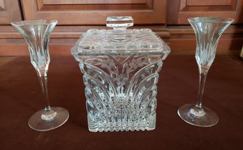 Art Deco Crystal Candy Jar Paired With Two Crystal Candle Holders