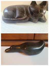 Intriguing Pair A Cat Hand Carved Ironstone And Duck Also Hand Carved From Similar Material