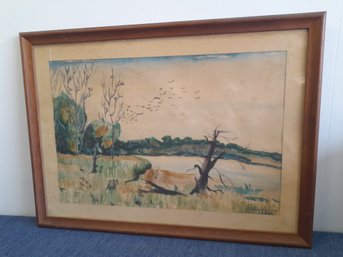 Signed Water Color Lake Landscape Scene