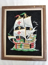 Vintage Black Velvet Ship Painting Framed