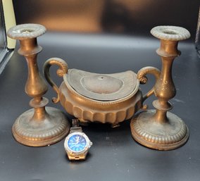 19th Century Pewter Candle Holder And Sugar Caddy.        -           -          -        -   Loc:KD4 Ziplock